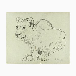 Pupazzo e leonessa accovacciata - Disegno originale a matita di Willy Lorenz - 1971 1971