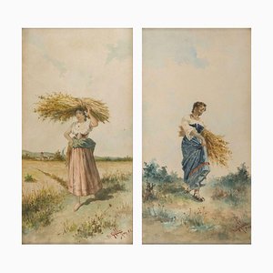 Farmers with Bundle of Spikes - Coppia di acquarelli su carta - 1892 1892