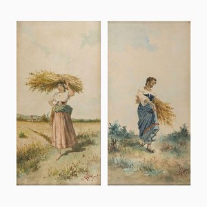Farmers with Bundle of Spikes - Paire d'Aquarelles sur Papier - 1892 1892