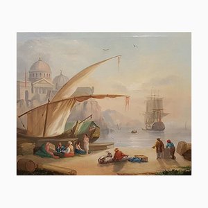 Harbor View with Merchants and a Mosque - 19th Century - Painting - Modern