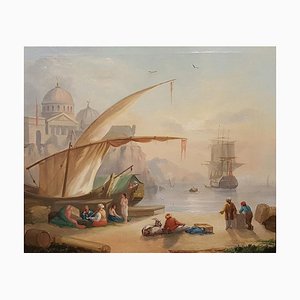 Port View with Merchants and a Mosque - 19th Century - Peinture - Moderne