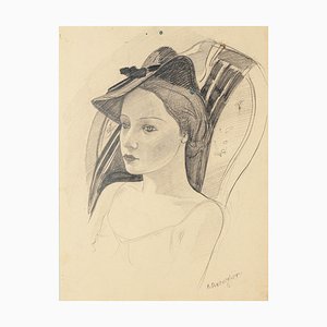 Woman with a Hat - Original Pencil Drawing by C. Breveglieri - 1930s 1930s