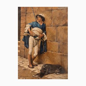 Young Arab Soldier with Dog - Oil on Board Early 20th Century Early 20th Century