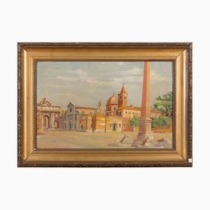 Piazza del Popolo, Rome - Huile sur Canevas Cartonné - Début 20ème Siècle Début 20ème Siècle