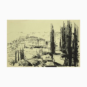 Landscape - Dessin de Stylo Marking Noir par G. Laurieu - 1954 1954