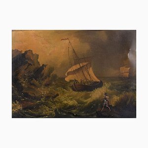 Glimpse of Coast with Boats - Peinture à l'Huile Début 20ème Siècle Début 20ème Siècle