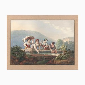 Women at the Source - Acquarello di una scuola elementare italiana del XIX secolo, Italia