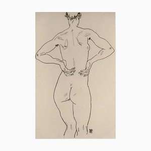 Litografia originale Weiblicher Rückenakt di Egon Schiele, 1990