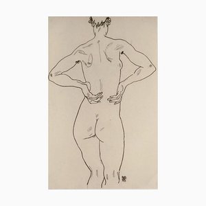 Weiblicher Rückenakt - Original Lithographie nach Egon Schiele 1990