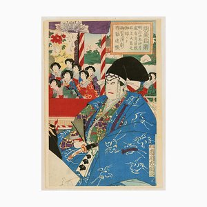 Scena Kabuki di '' Kanjincho '' - Incisione in legno originale di 1887 ca. 1887 ca.