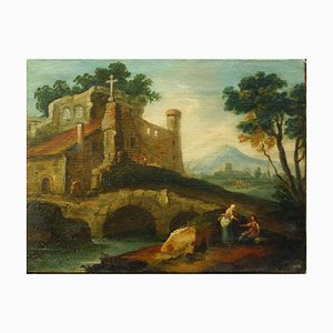 Paisaje fluvial con transeúntes - Escuela italiana de Venecia - siglo XVIII