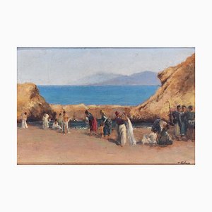 Women on the Beach - Original Oil Painting by Domenico Colao-Early 20th century Early 20th Century