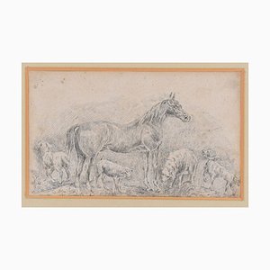 Cheval avec des Troupeaux - Dessin Original Chine encré par Filippo Palizzi - 1895 1895