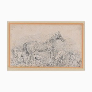 Horse with Herds - Original China Ink Drawing by Filippo Palizzi - 1895 1895