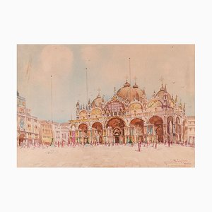 Vista de Piazza San Marco, Venecia - Acuarela original de N. Cipriani, principios del siglo XX