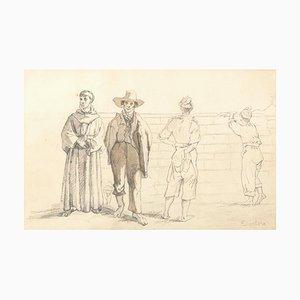 Commoners and Friars - Original Pencil Drawing on Paper y T. Duclère - Mid 1800 Mid 19th Century