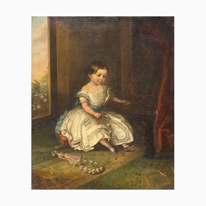 Interior Scene with Baby and Dog - Oil on Canvas by French Artist 19th Century 19th Century
