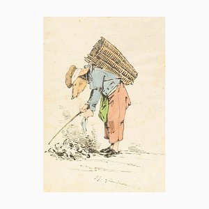 The Ragman - Original Ink Drawing and Watercolor by J.J. Grandville 1845 ca.