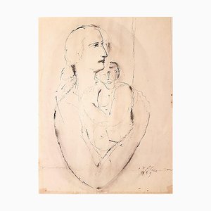 Woman with Baby - Dibujo original de tinta de Aurelio De Felice - 1959 1959