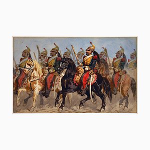 Battle, Knights on Horses - Original China Ink and Watercolor by T. Fort - 1840s 1840s