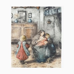 La Tétée de la Mère et ses Enfants - Original Etching by F. Charlet - Early 1900 Early 1900