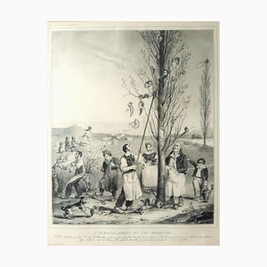 L’échénillement et les Sémaille - Original Lithograph by J.J. Grandville - 1833 1833