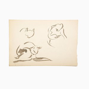 Chats - Aquarelle sur Papier par French Artist Mid-Century 20ème Siècle