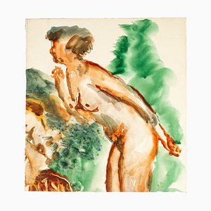 Naked Recline - Dessin Encre de Chine et Aquarelle par Jean Chapin - Début 1900 Début 1900