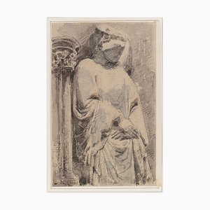 Femme Réfléchie - Encre et Aquarelle par A. Bigand - Mid-19th Century Mid-19th Century