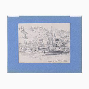 Le Canot - Carboncillo dibujo original sobre papel y G. Bruelle 1874