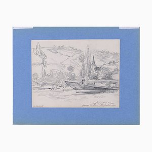 Le Canot - Dessin au Fusain Original sur Papier et G. Bruelle 1874