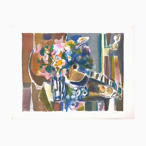 Lithographie Originale de Fleurs et Guitare par Jean Marzelle - 1970s 1970s