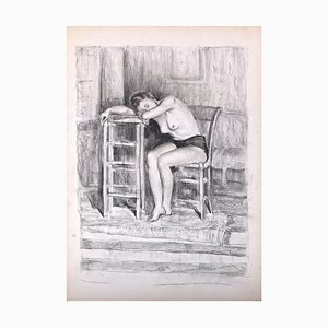 Femme Assise - Dessin Original Charbon sur Papier - Fin 20ème Siècle Fin 20ème Siècle