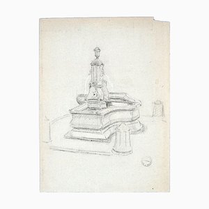 Paul Garin, la fontaine, années 1950, dessin original au fusain sur papier