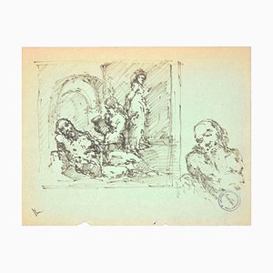 The Rest - Original Pen Drawing on Paper by Paul Garin - 1950s 1950s