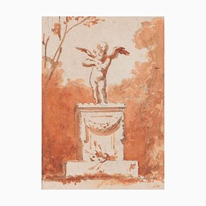 Estatua de Cupido - Dibujo original en forma de carboncillo y acuarela - Finales del siglo XIX Década de 1880