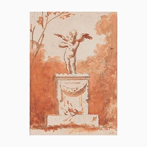 Statue Cupid - Dessin Original Fusain et Aquarelle - Fin 19ème Siècle 1880s