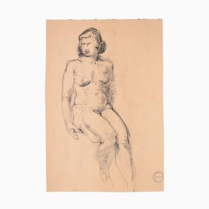 Mujer sentada - Dibujo original de carbón de Paul Garin - años 50