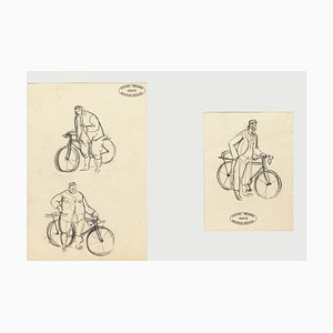 Biker - Dibujo original de tinta de Maurice Berdon - Mid-Century Mid-Century, siglo XX