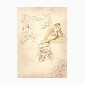 Etudes sur Figurines de Femmes - Dessin à l'Encre d'Origine par Anonymous Artiste 1800 Première moitié du 19ème Siècle