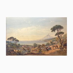 Vue d'Aetna From Taormina - Aquarelle Originale sur Carton 1887