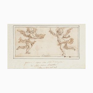 Due angeli - Inchiostro originale e disegno ad acquarello di A. Brustolon - inizio 1700, inizio XVIII secolo