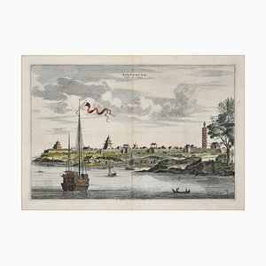 View Of Kinnungam - Original Hand Watercolored Etching by A. Leide Early 18th Century