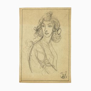 Buste de Femme - Crayon sur Papier par A. Mérodack-Jeanneau Fin 19ème Siècle