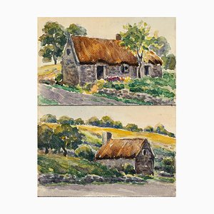 Cottage Rural - Aquarelle par French Master - Milieu 20ème Siècle 20ème Siècle