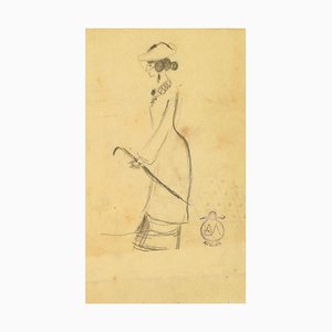 Woman with Umbrella - Carboncino Disegno su carta di A. Mérodack-Jeanneau Fine XIX secolo