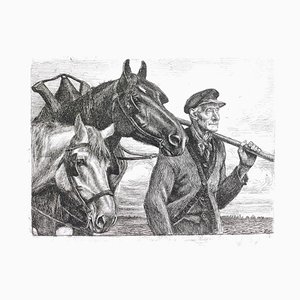 Paysan avec Chevaux - Original Etching by Michel Ciry - Mid 20th Century 1950s