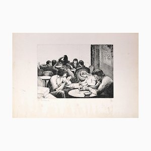 Personnes Attablées au Café - Gravure à l'Eau-Forte par E. Bouchaud Milieu 20ème Siècle