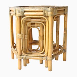 Tables Gigognes Hexagonales en Bambou et Raphia, 1960s, Set de 3