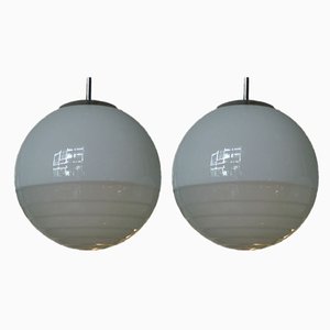 Art Deco Bauhaus Ball Ceiling Lamps in Satinized & Stepped Glass, 1940s, Set of 2